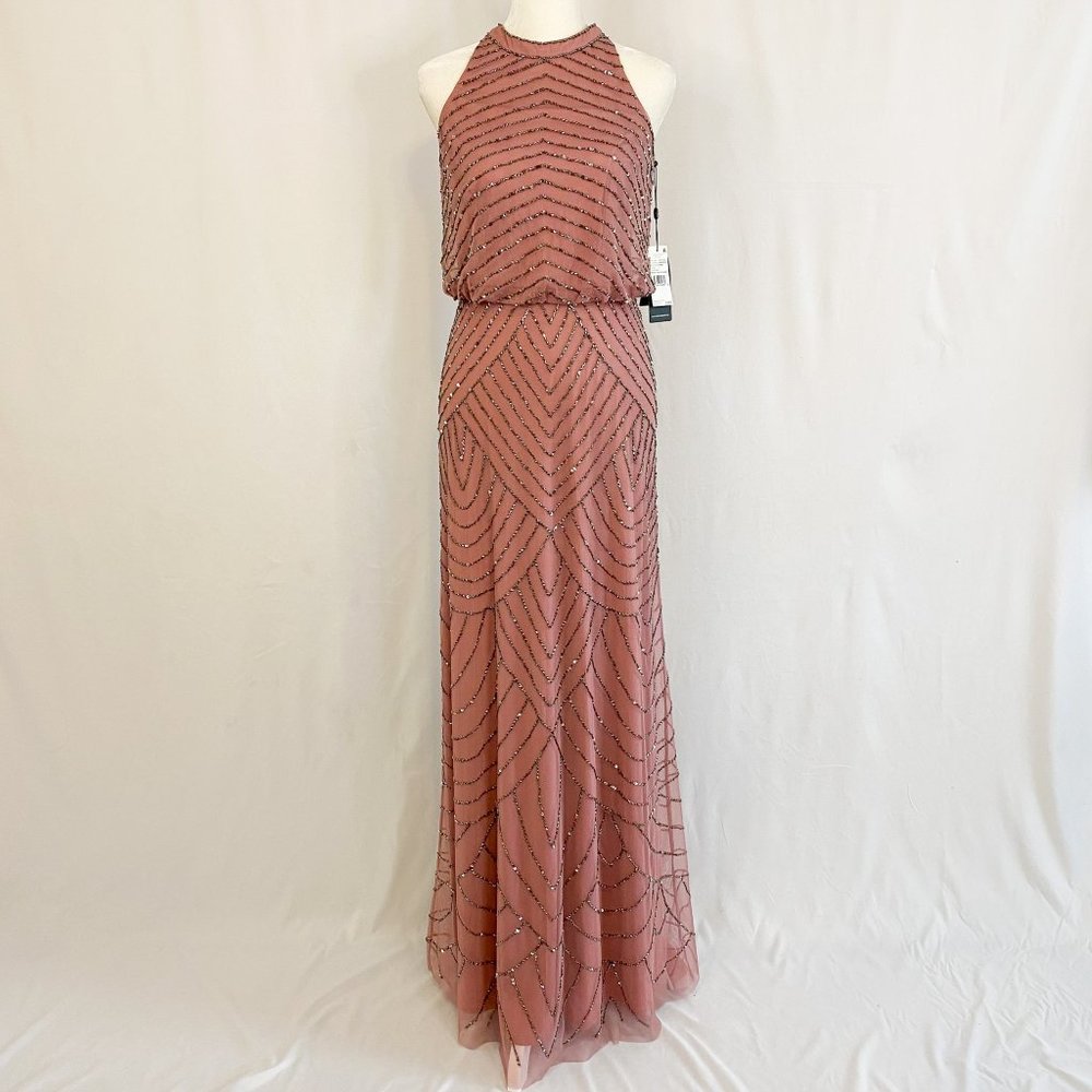Adrianna Papell Art Deco Beaded Blouson Dress w/ Halter Neckline in Rose Mercury - Picture 7 of 14